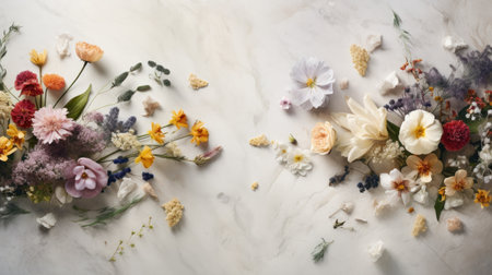 Flowers composition on white marble background. Flat lay, top viewの素材