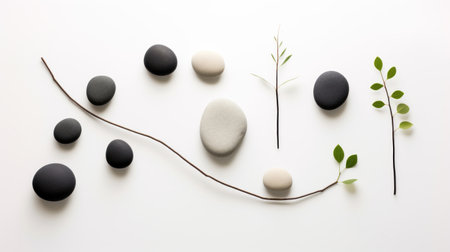 Spa still life with black and white stones and twig on white backgroundの素材