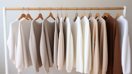 Rack with different stylish clothes on light wall background, closeupの素材