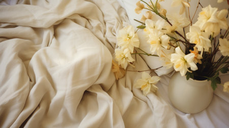 Bouquet of white daffodils in vase on bedの素材
