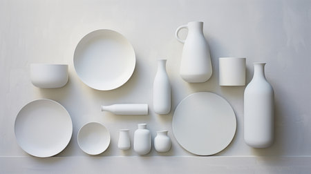 White ceramic tableware on the shelf in the kitchen, top viewの素材