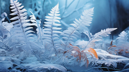 Fern leaves in the winter forest. Blue toned image.の素材