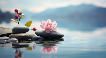 zen stones and flower in water with mountain background, zen conceptの素材