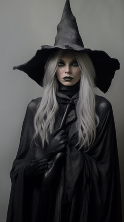 Portrait of beautiful woman in black witch halloween costume.の素材