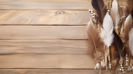 Wooden background with feathers and beads. Boho style. Copy space.の素材