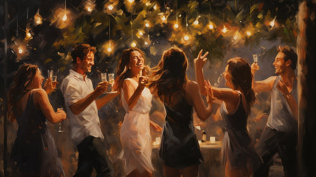 Young people dancing at a night party. Blurred background, bokeh.の素材