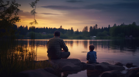 Father and son sitting on the shore of a lake at the sunsetの素材