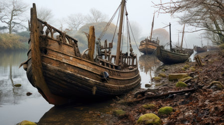Foggy landscape with wooden boats on the river bank in winterの素材