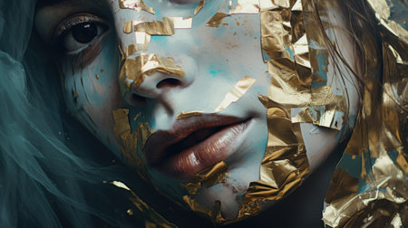Close-up portrait of a beautiful girl in a gold mask.の素材