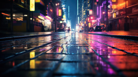 Cobbled street in New York City at night with neon lightsの素材