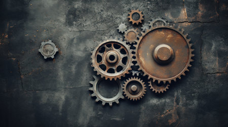 Rusty metal gears and cogs on grunge background, industrial backgroundの素材