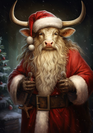 Portrait of Santa Claus with reindeer antlers in his handsの素材