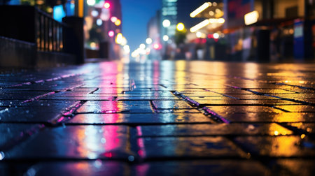 Night city street with wet pavement and bokeh lights. Abstract background.の素材