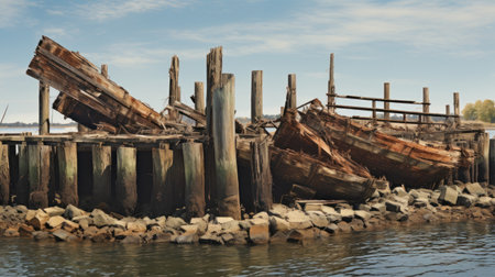 Abandoned shipwreck on the water. Selective focus.の素材