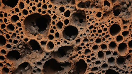 Close-up of a terracotta rock with holes in it.の素材