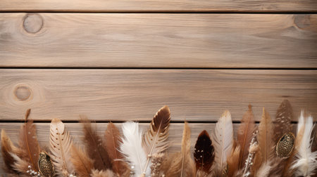 Beautiful feathers on wooden background, top view. Space for textの素材