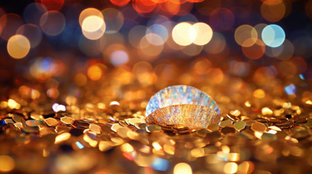 golden christmas background with bokeh defocused lights.の素材