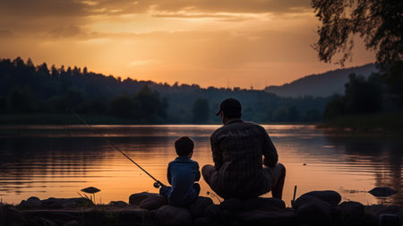 Silhouette of father and son fishing on the lake at sunsetの素材
