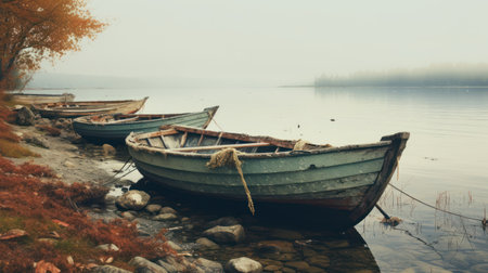 Fishing boats on the shore of a lake in the fog.の素材