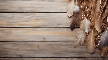 Beautiful dream catcher with feathers and beads on a wooden background.の素材