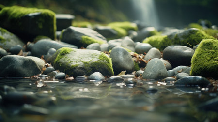 Beautiful green moss on the rocks in a mountain stream. Selective focus.の素材