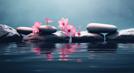 zen basalt stones with pink sakura blossoms on water surfaceの素材