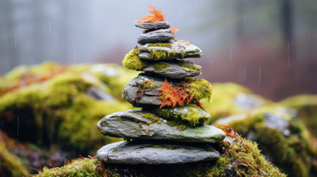 Stacked zen stones with autumn leaves in the rain, selective focusの素材