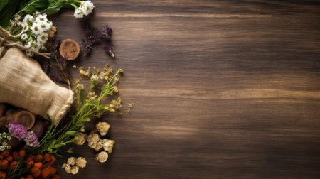 Herbs and spices on wooden background. Top view with copy spaceの素材