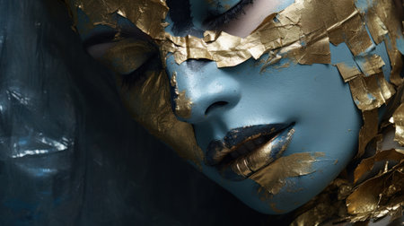 Close-up portrait of a beautiful woman with blue and gold make-upの素材