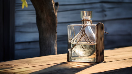 Vintage bottle of perfume on a wooden table in front of an old wooden wallの素材