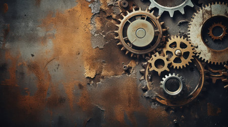 Rusty metal background with gears and cogwheels, industrial backgroundの素材