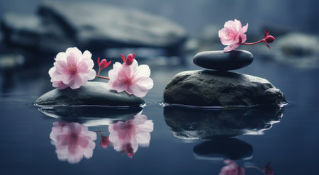 zen basalt stones and pink sakura flowers on black background with water reflectionの素材