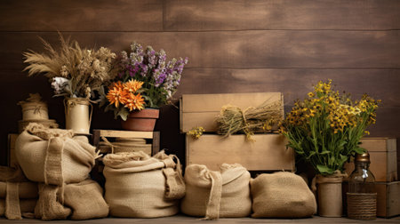 Bags of burlap and flowers in a rustic setting.の素材