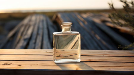 Glass bottle on a wooden table against the background of the sunset.の素材
