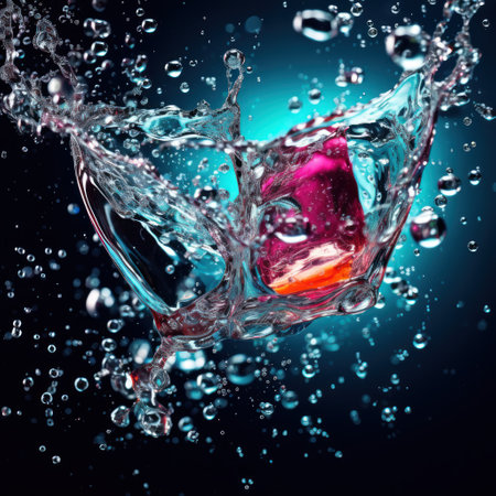 Water splash with cube on black background. 3d illustration. 3d renderingの素材