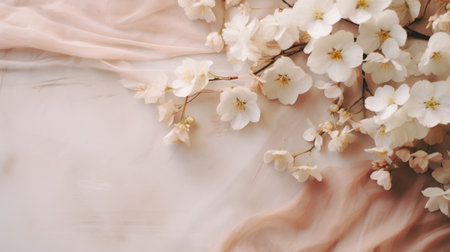 Cherry blossoms and silk fabricle background with copy spaceの素材