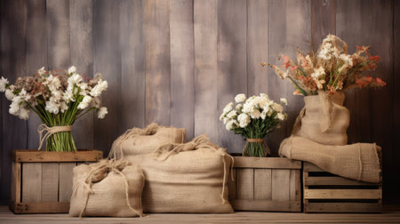 Bouquet of flowers in a wooden box on a wooden backgroundの素材