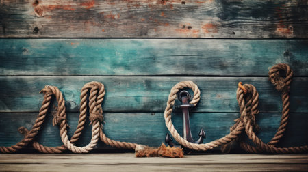 Marine background with rope and anchor on wooden planks. Toned.の素材