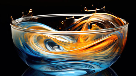 Colorful water splash in glass bowl on black background. 3d renderingの素材