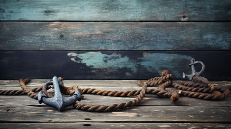 Anchor and rope on a wooden background. Toned.の素材