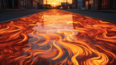 abstract scene of fire and reflection in the water at sunset.の素材