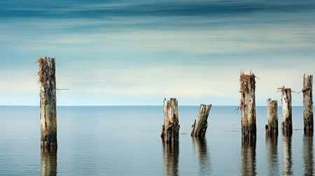 Wooden poles in the sea with blue sky - 3d renderの素材