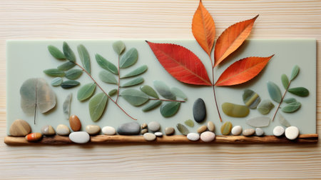Handmade soap with autumn leaves and stones on a wooden background.の素材