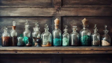 Vintage glass bottles on wooden shelf in vintage room. Vintage style.の素材