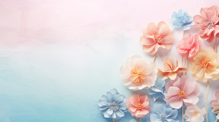 Colorful paper flowers on pastel color background with copy space.の素材