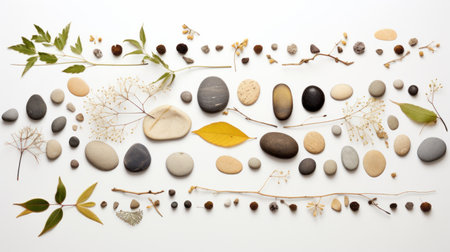 Pebbles and autumn leaves on white background. Flat lay, top view.の素材
