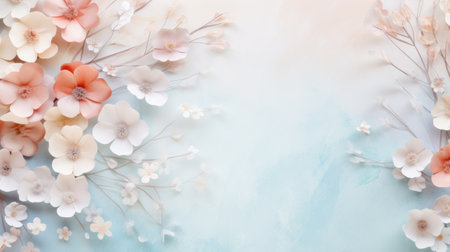 Flowers and leaves on pastel blue background with copy space.の素材