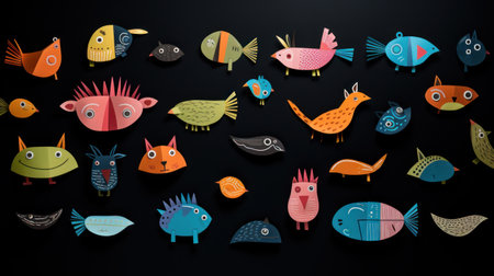Set of colorful cartoon fish isolated on black background. Vector illustration.の素材