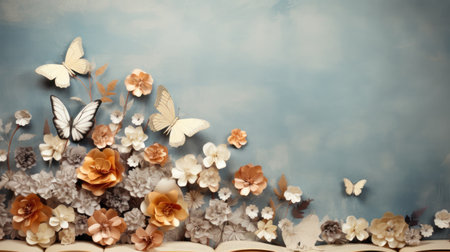 Vintage background with paper flowers and butterflies. Top view. Copy space.の素材