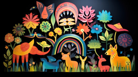 Illustration of wild animals in the forest with rainbow and flowers.の素材